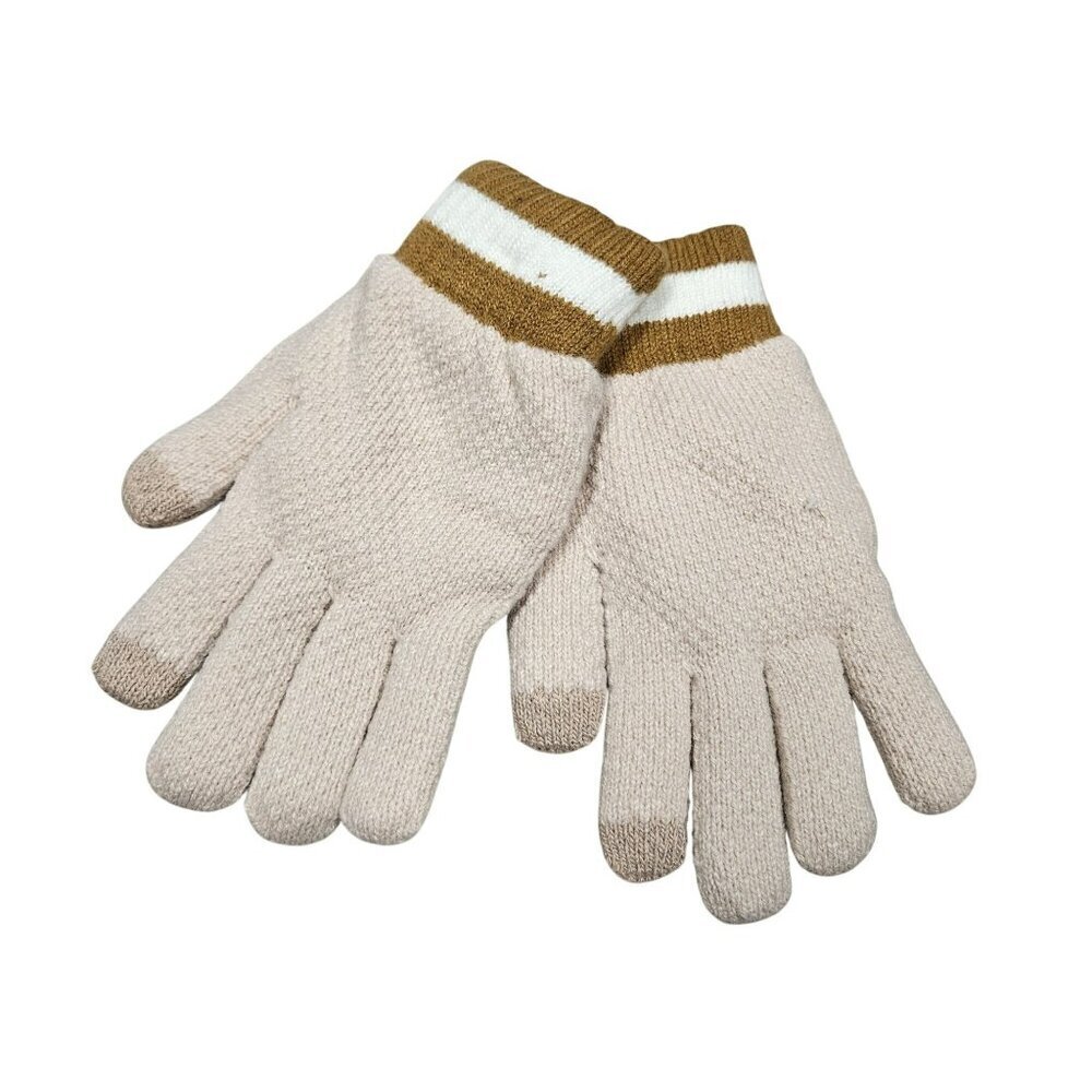 Adults Beige Brown Striped Knit Gloves Fuzzy Lined Touchscreen‎ Tips Warm Cozy